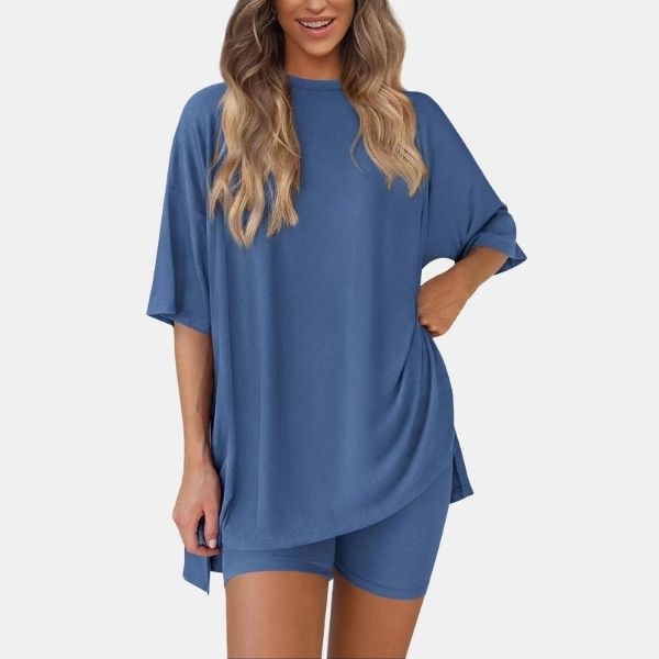 Women's Two-Piece Crewneck Set | Summer Casual Oversized | Split Hem Shirt & Biker Shorts with Pockets