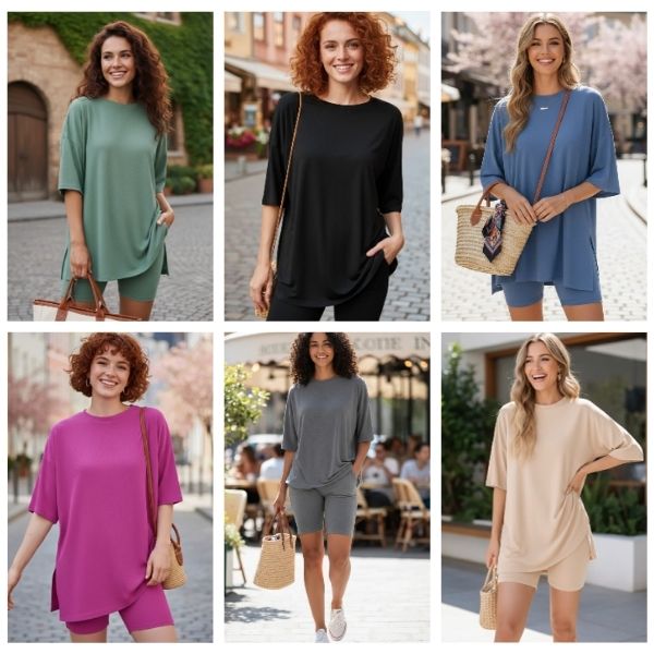 Women's Two-Piece Crewneck Set | Summer Casual Oversized | Split Hem Shirt & Biker Shorts with Pockets