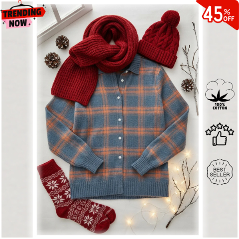 ✨CLEARANCE SALE 45% OFF🔥 Women’s Plaid Print Casual Cotton Buttoned Cardigan Sweater