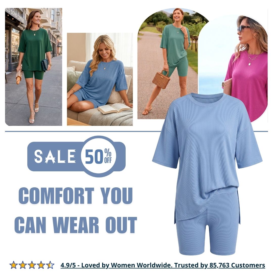 MACY’S Crewneck Lounge Set | Oversized Split Hem Top & Biker Shorts with Pocket