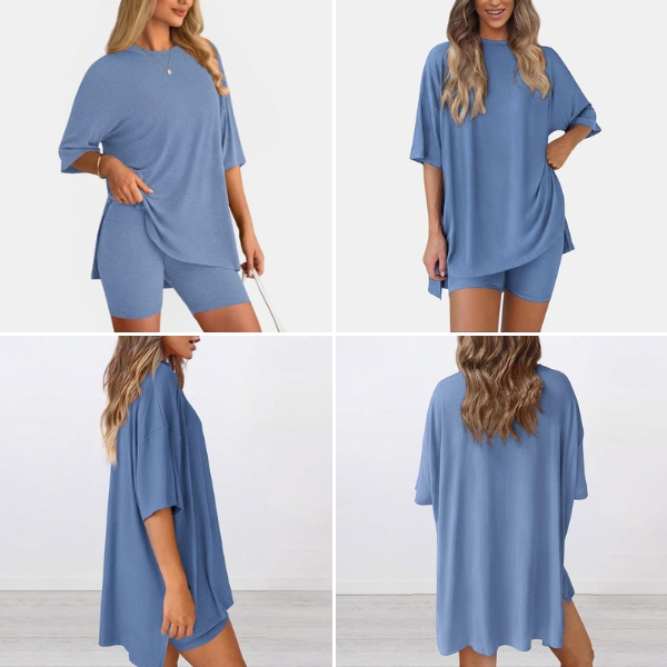 MACY’S Crewneck Lounge Set | Oversized Split Hem Top & Biker Shorts with Pocket