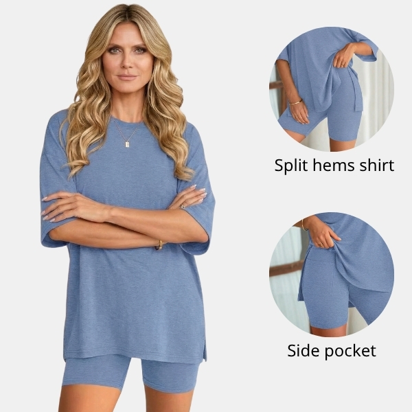 MACY’S Crewneck Lounge Set | Oversized Split Hem Top & Biker Shorts with Pocket