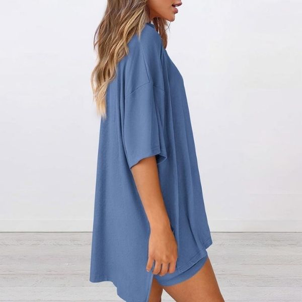 Women's Two-Piece Crewneck Set | Summer Casual Oversized | Split Hem Shirt & Biker Shorts with Pockets