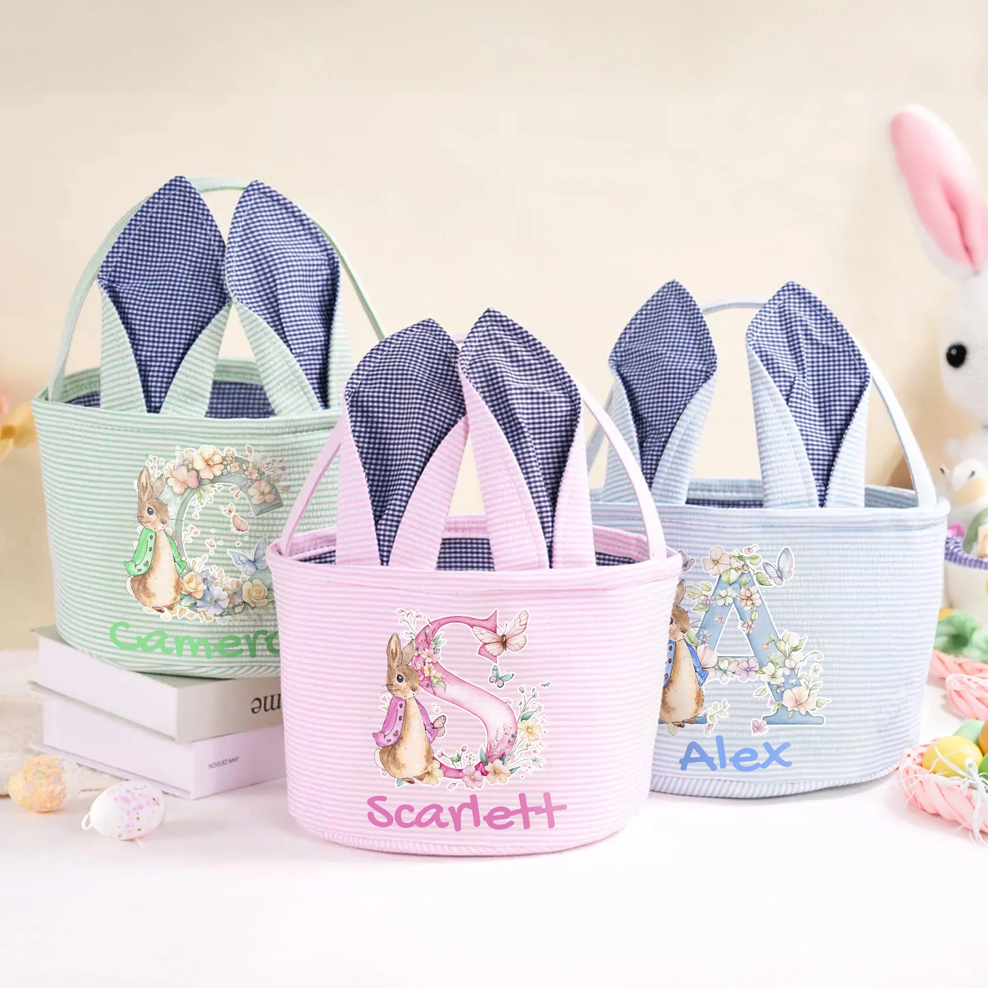 Cute Peter Rabbit Flower Butterfly Bunny Ears Striped Easter Basket