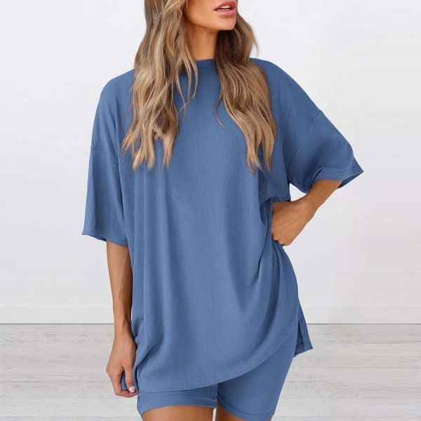 Women's Two-Piece Crewneck Set | Summer Casual Oversized | Split Hem Shirt & Biker Shorts with Pockets