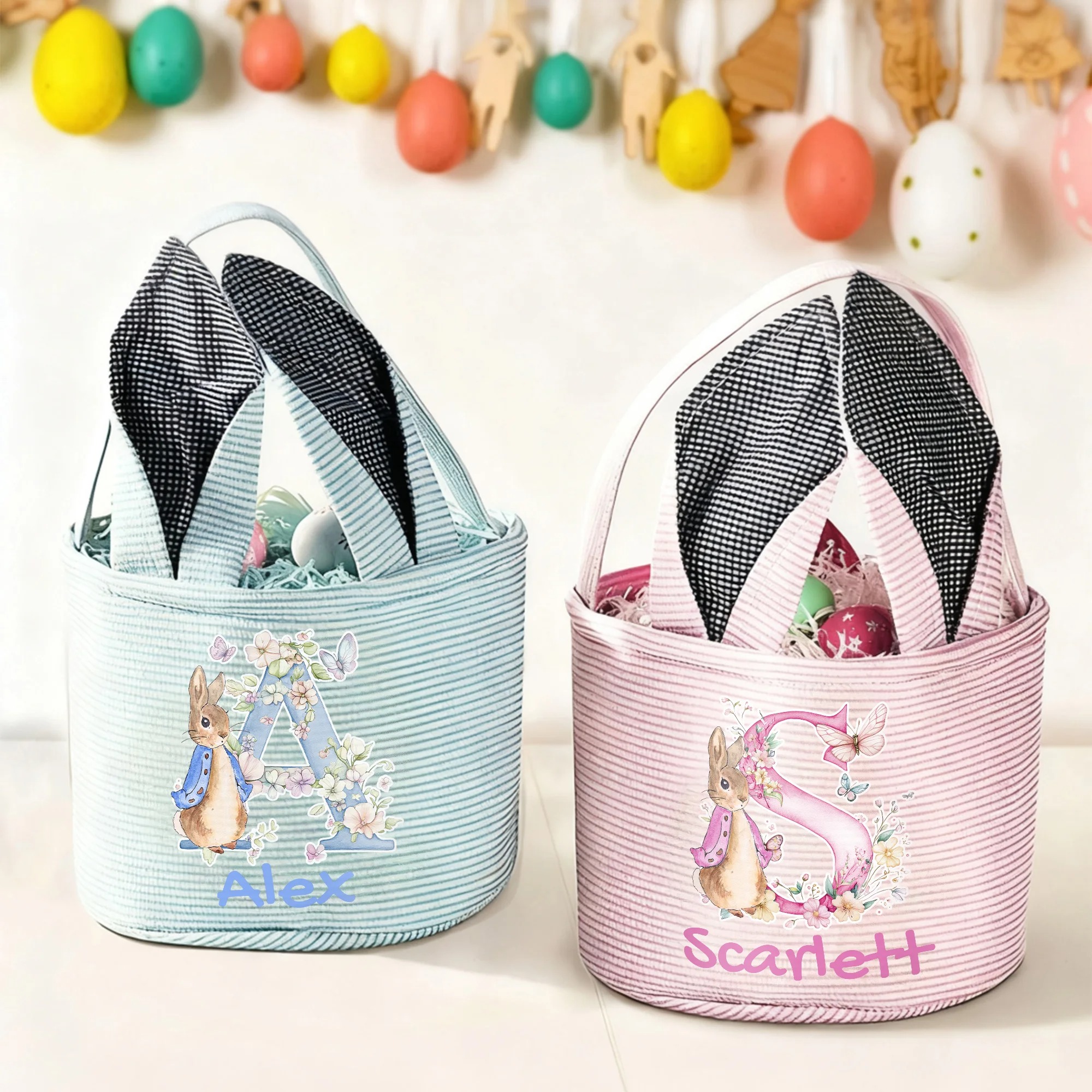 Cute Peter Rabbit Flower Butterfly Bunny Ears Striped Easter Basket