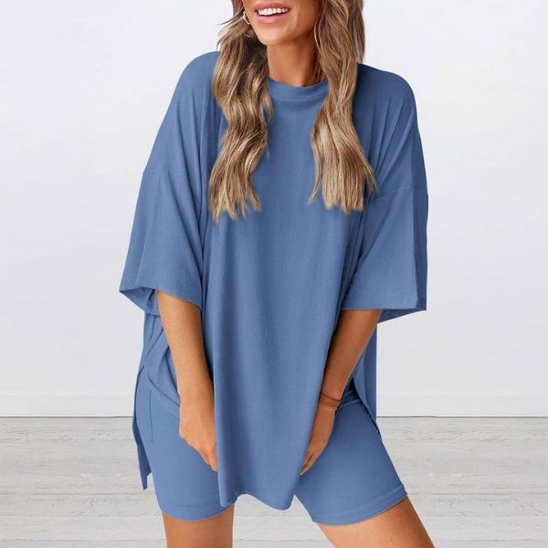 Women's Two-Piece Crewneck Set | Summer Casual Oversized | Split Hem Shirt & Biker Shorts with Pockets