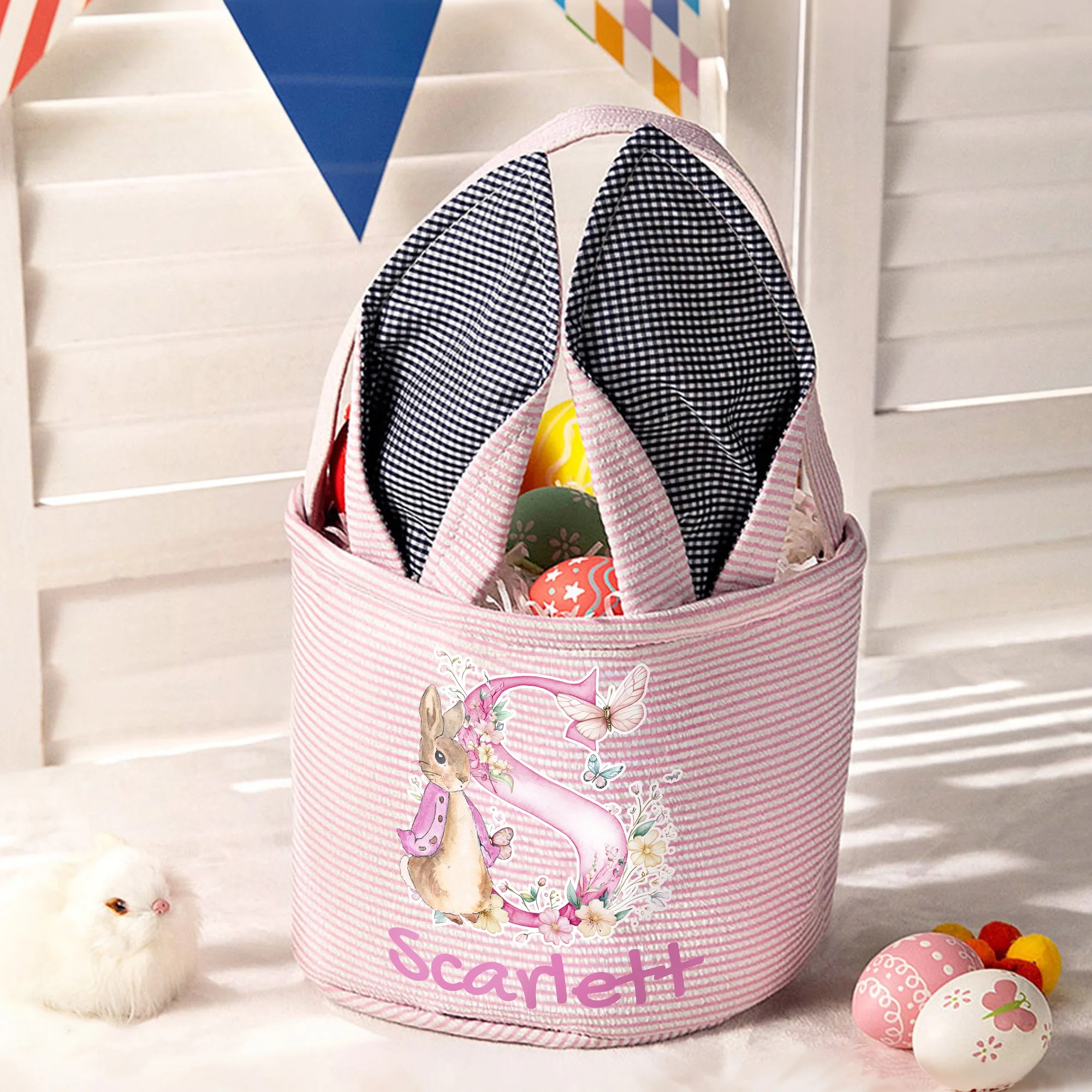 Cute Peter Rabbit Flower Butterfly Bunny Ears Striped Easter Basket