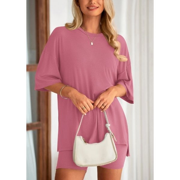 Women's Two-Piece Crewneck Set | Summer Casual Oversized | Split Hem Shirt & Biker Shorts with Pockets