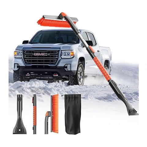 [Upgrade] Ice Scraper & Extendable Snow Brush for Car Windshield [Military-Grade Sturdy] - 360° Pivoting Brush Head with Silicone Grip for Effortless One-Swipe Clean on Auto (Large)