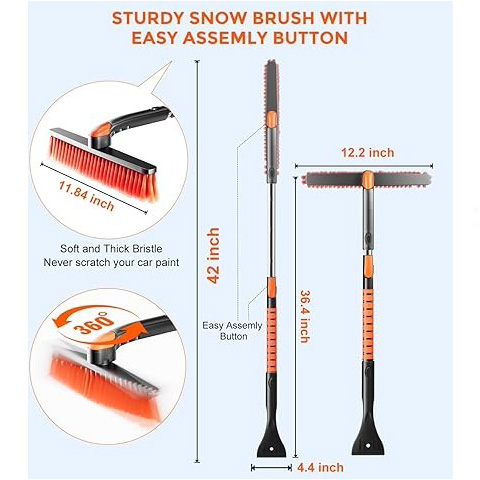 [Upgrade] Ice Scraper & Extendable Snow Brush for Car Windshield [Military-Grade Sturdy] - 360° Pivoting Brush Head with Silicone Grip for Effortless One-Swipe Clean on Auto (Large)