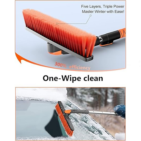 [Upgrade] Ice Scraper & Extendable Snow Brush for Car Windshield [Military-Grade Sturdy] - 360° Pivoting Brush Head with Silicone Grip for Effortless One-Swipe Clean on Auto (Large)