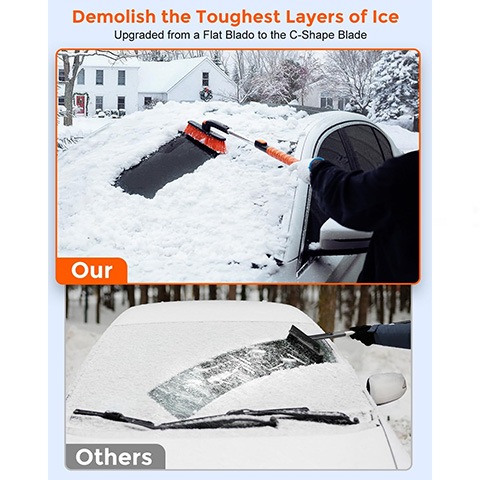 [Upgrade] Ice Scraper & Extendable Snow Brush for Car Windshield [Military-Grade Sturdy] - 360° Pivoting Brush Head with Silicone Grip for Effortless One-Swipe Clean on Auto (Large)