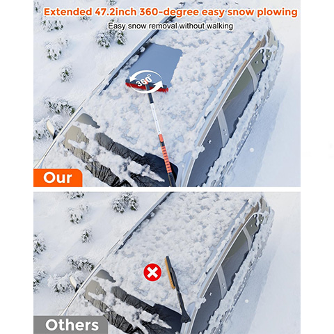 [Upgrade] Ice Scraper & Extendable Snow Brush for Car Windshield [Military-Grade Sturdy] - 360° Pivoting Brush Head with Silicone Grip for Effortless One-Swipe Clean on Auto (Large)