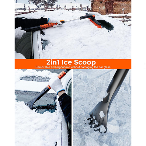 [Upgrade] Ice Scraper & Extendable Snow Brush for Car Windshield [Military-Grade Sturdy] - 360° Pivoting Brush Head with Silicone Grip for Effortless One-Swipe Clean on Auto (Large)