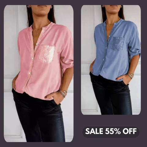 🌷Cotton V-neck Sequin Mid-sleeve Casual Top