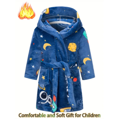 Kids Bathrobe Boys Girls Hoodie Robe Space-Themed Sleepwear Toddler Soft Pajamas