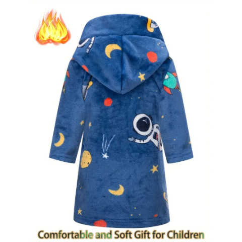 Kids Bathrobe Boys Girls Hoodie Robe Space-Themed Sleepwear Toddler Soft Pajamas