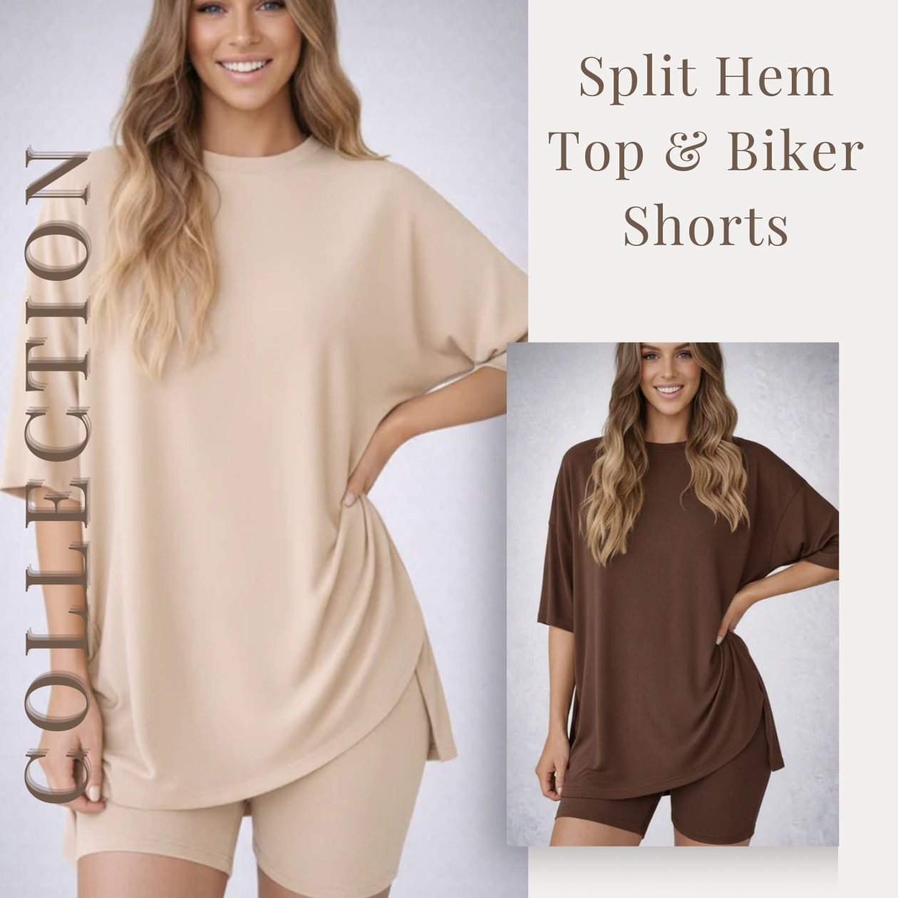 MACY’S Crewneck Lounge Set | Oversized Split Hem Top & Biker Shorts with Pocket
