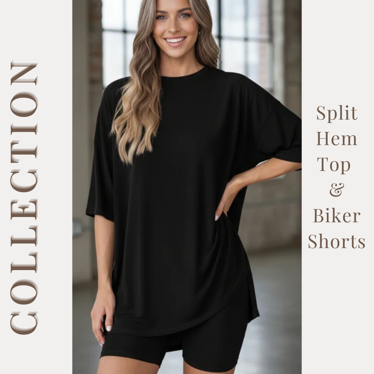 MACY’S Crewneck Lounge Set | Oversized Split Hem Top & Biker Shorts with Pocket