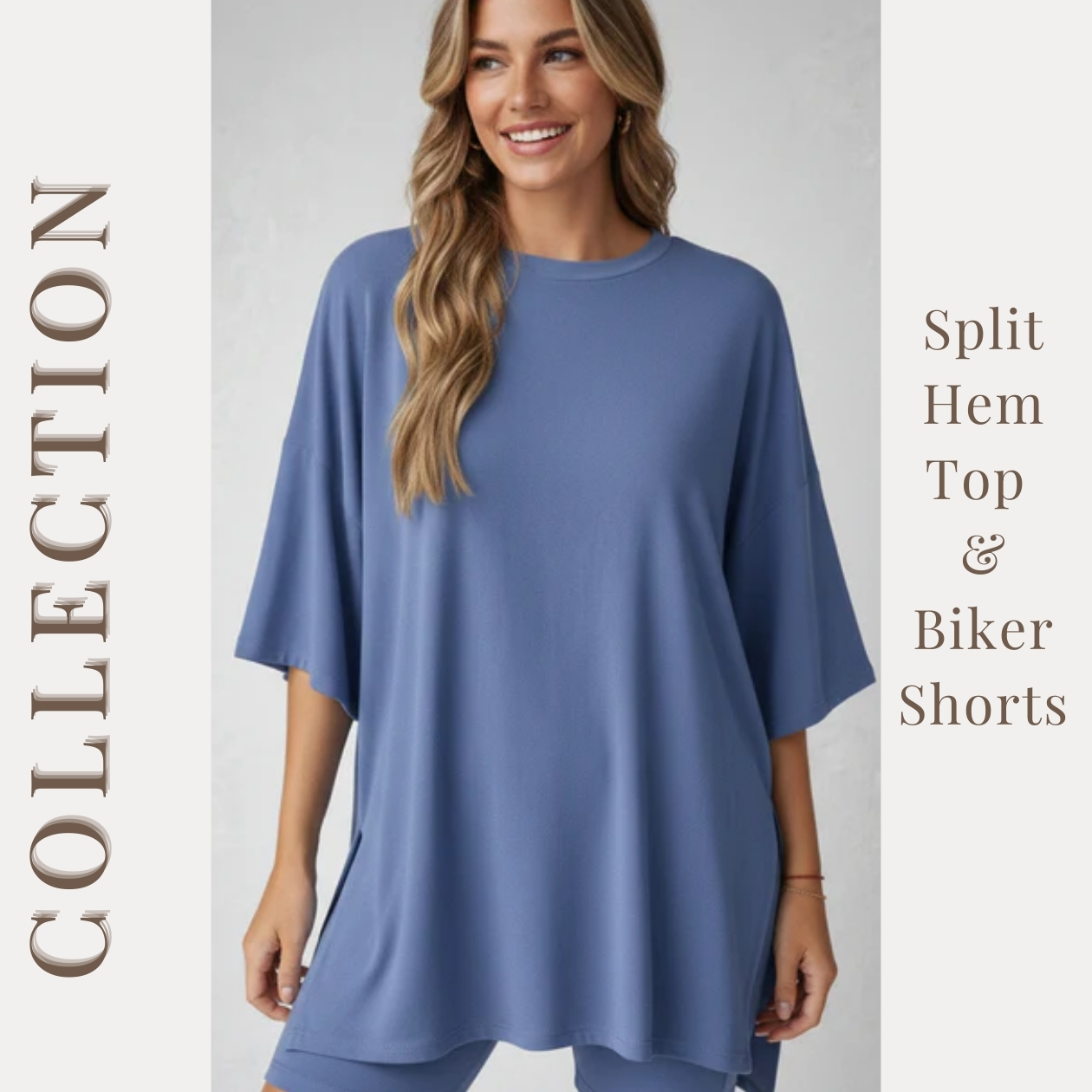 MACY’S Crewneck Lounge Set | Oversized Split Hem Top & Biker Shorts with Pocket