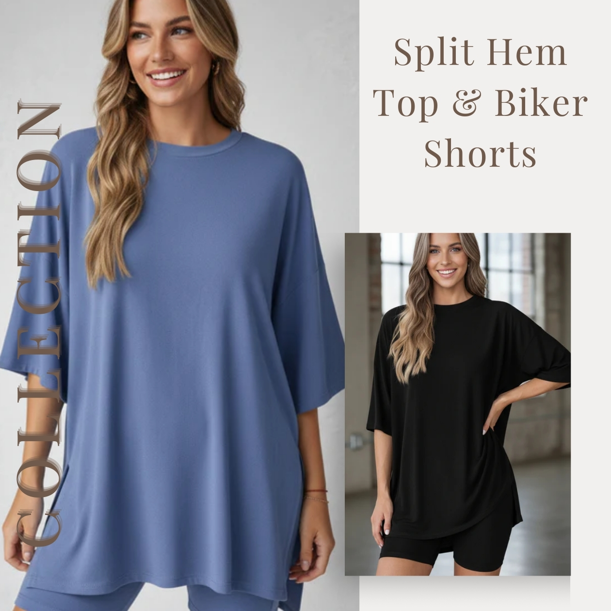 MACY’S Crewneck Lounge Set | Oversized Split Hem Top & Biker Shorts with Pocket
