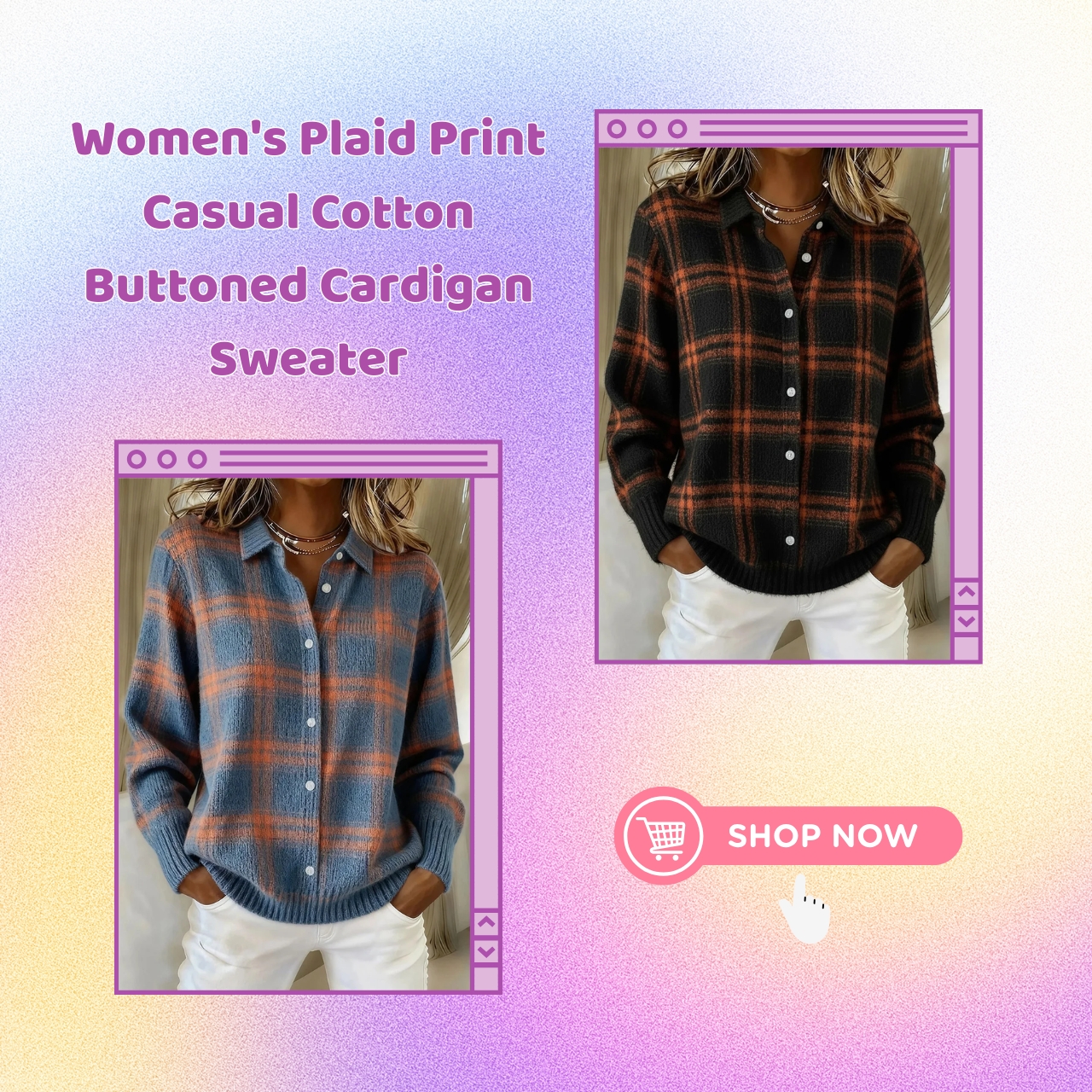 CLEARANCE SALE🔥 Women's Plaid Print Casual Cotton Buttoned Cardigan Sweater