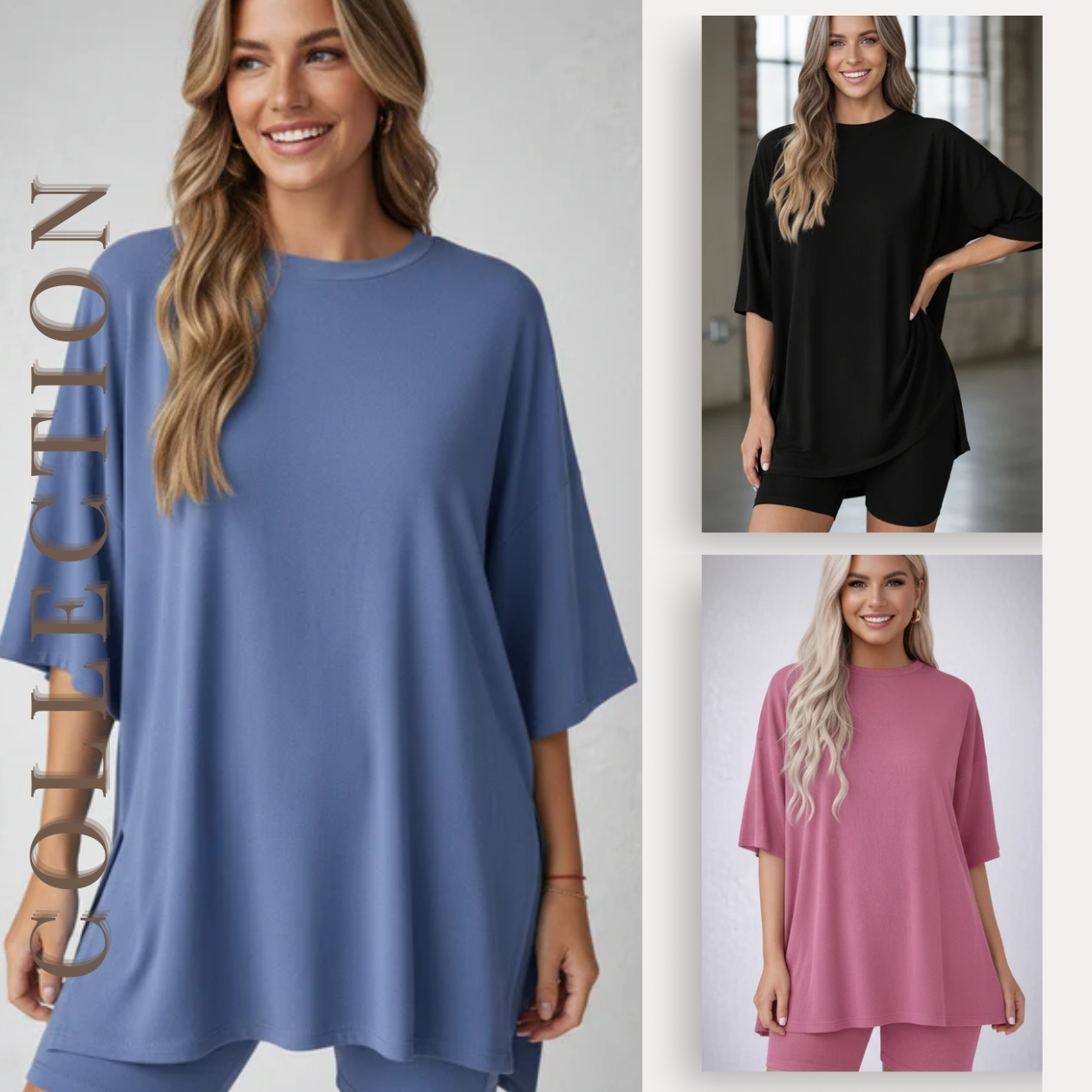MACY’S Crewneck Lounge Set | Oversized Split Hem Top & Biker Shorts with Pocket