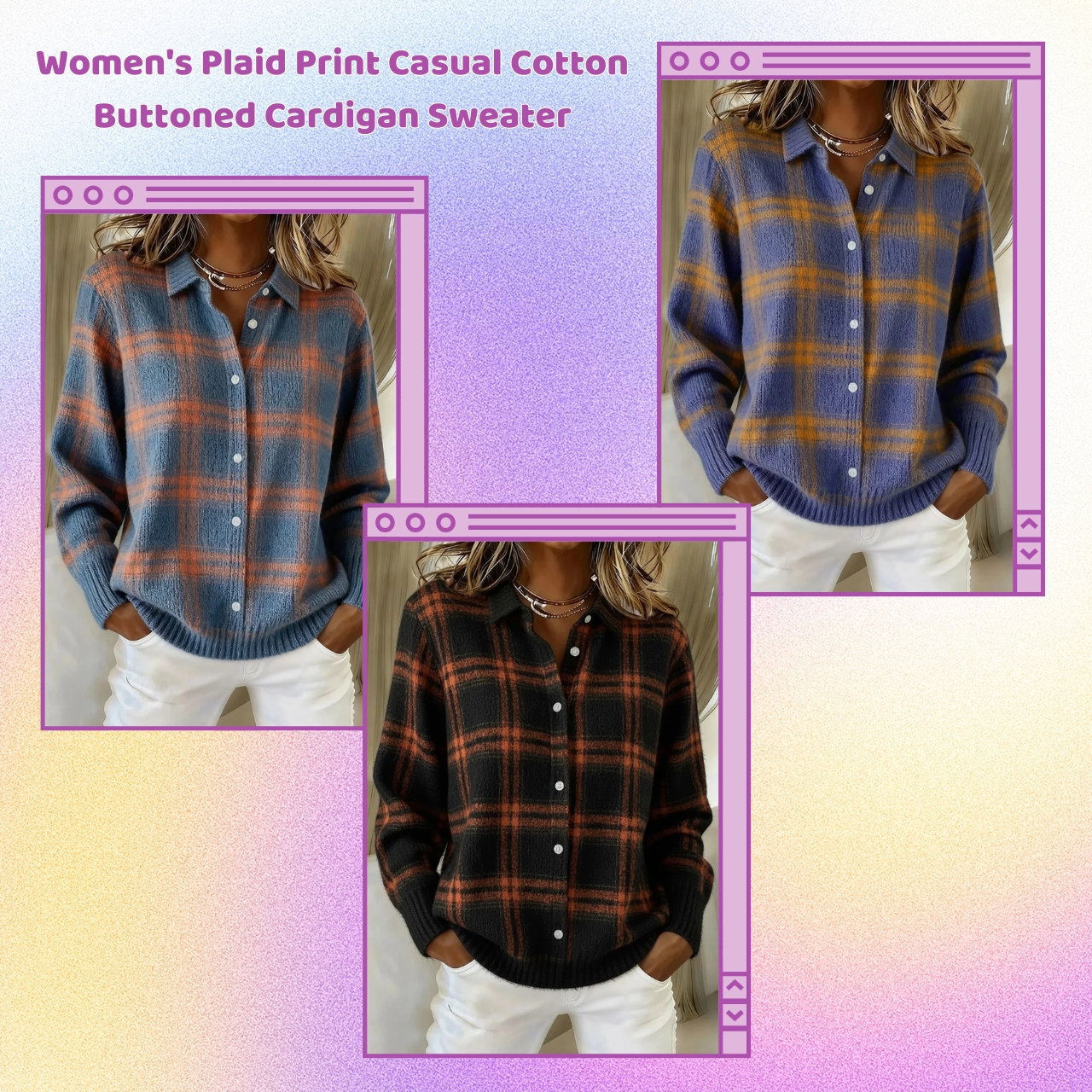 CLEARANCE SALE🔥 Women's Plaid Print Casual Cotton Buttoned Cardigan Sweater