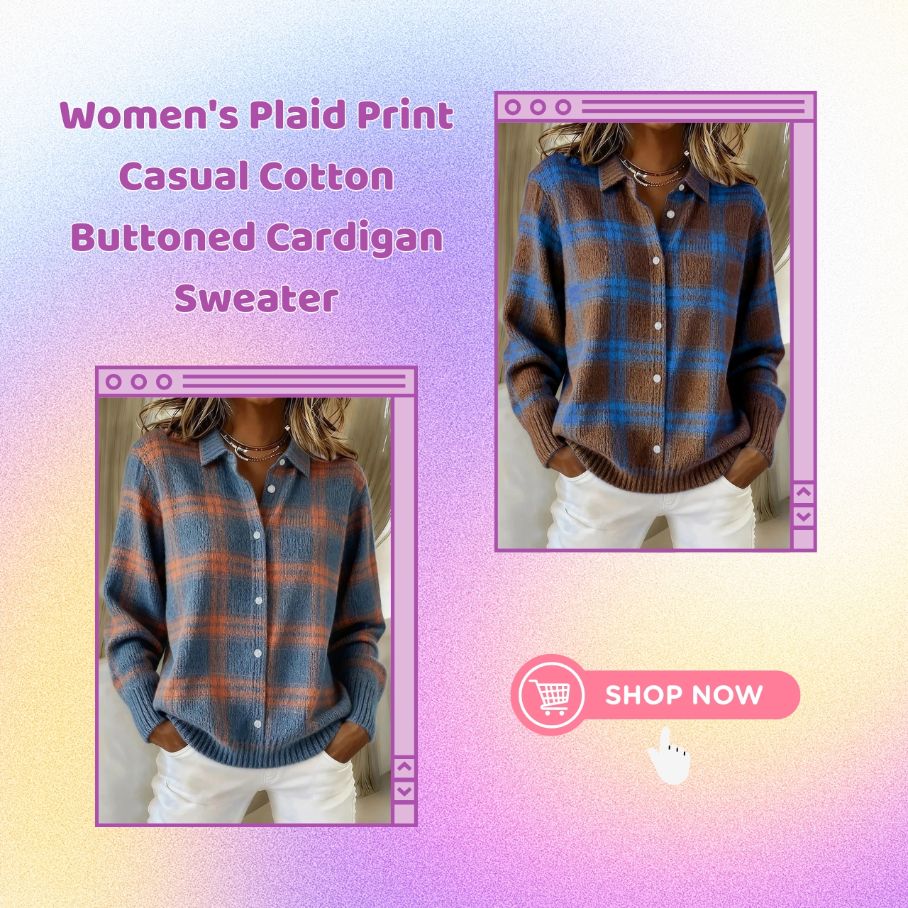 CLEARANCE SALE🔥 Women's Plaid Print Casual Cotton Buttoned Cardigan Sweater