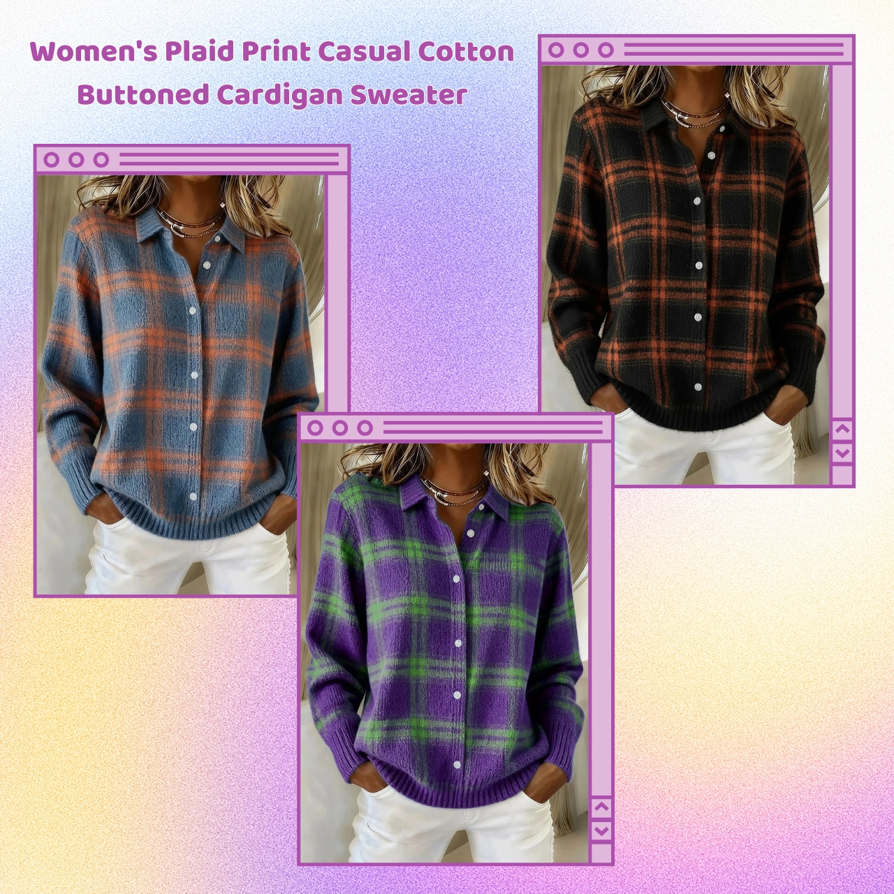CLEARANCE SALE🔥 Women's Plaid Print Casual Cotton Buttoned Cardigan Sweater