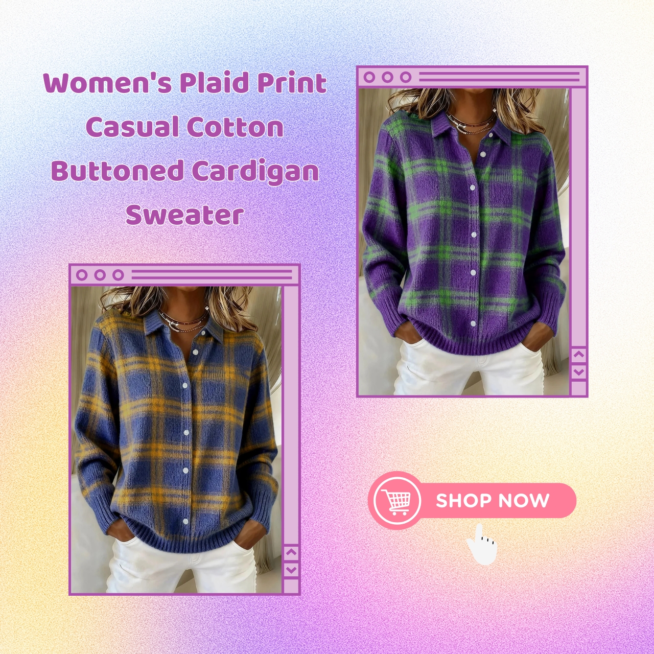 CLEARANCE SALE🔥 Women's Plaid Print Casual Cotton Buttoned Cardigan Sweater