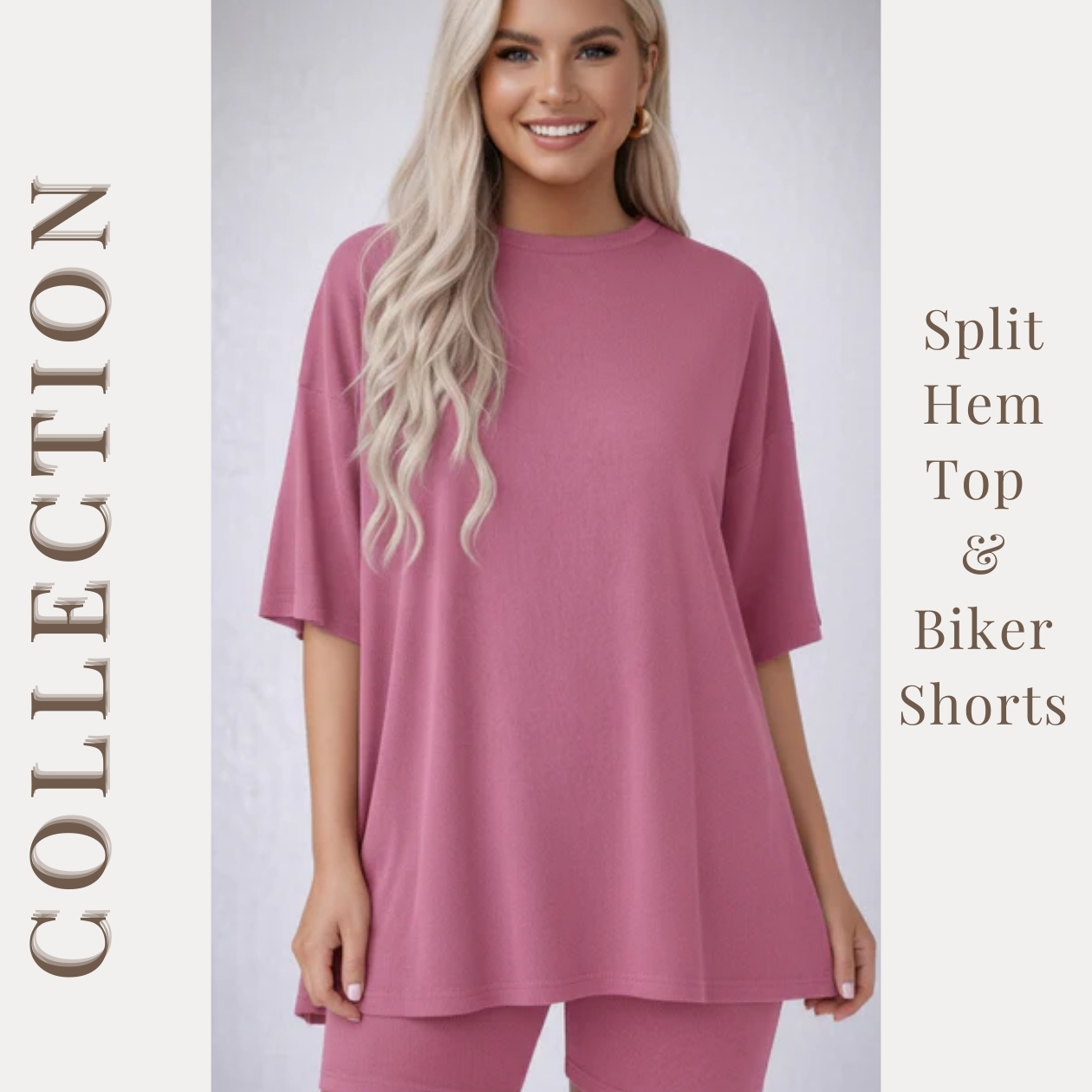 MACY’S Crewneck Lounge Set | Oversized Split Hem Top & Biker Shorts with Pocket