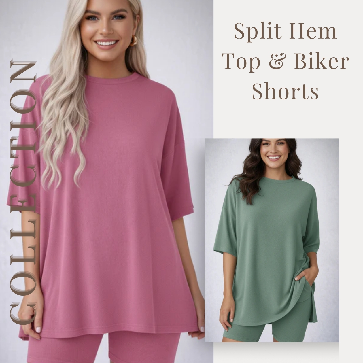 MACY’S Crewneck Lounge Set | Oversized Split Hem Top & Biker Shorts with Pocket