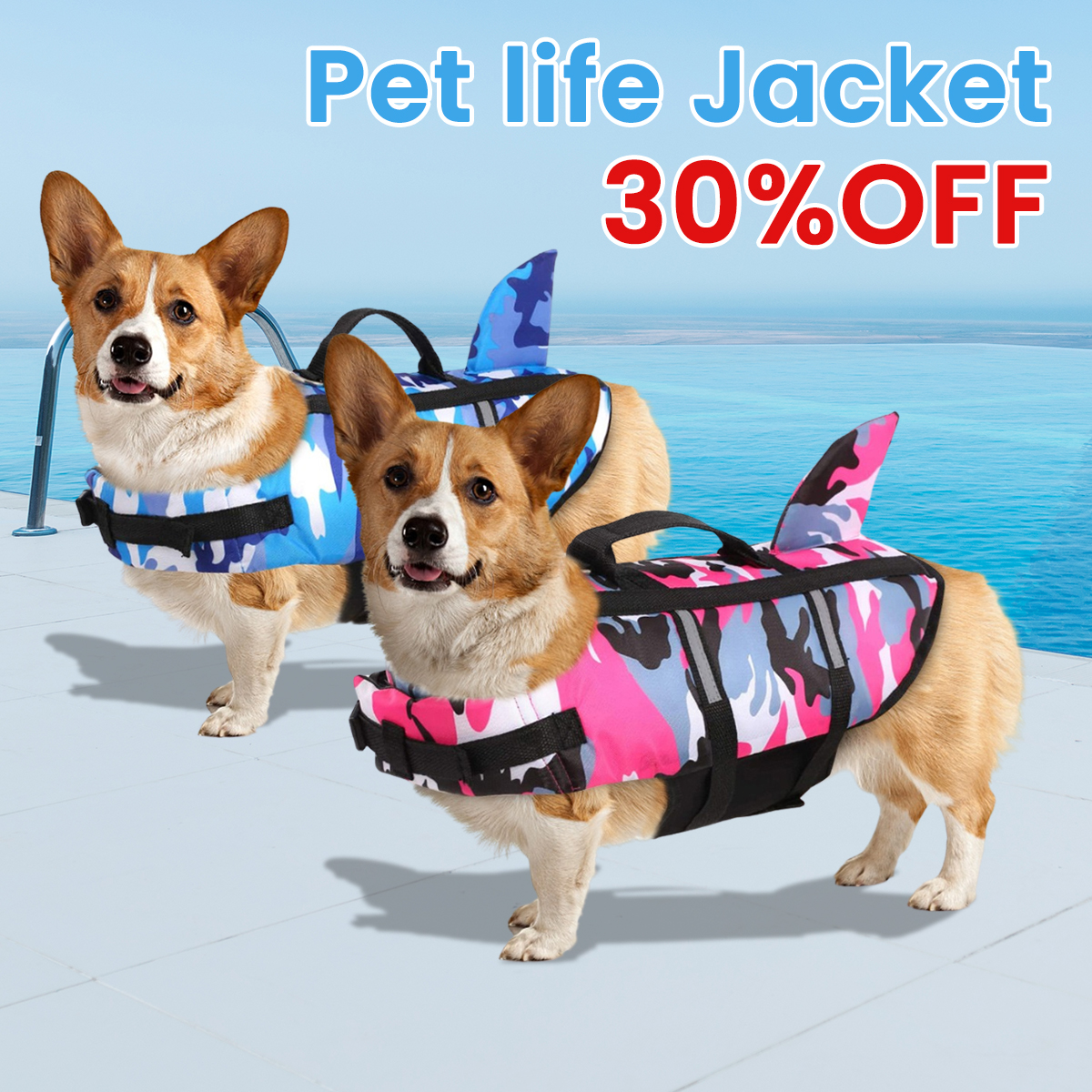 🔥Pet Dog Life Jacket Vest Clothes Life Vest Collar Harness Pet Dog Swimming Summer Swimwear Clothes Camouflage Shark Blue Fuchsia