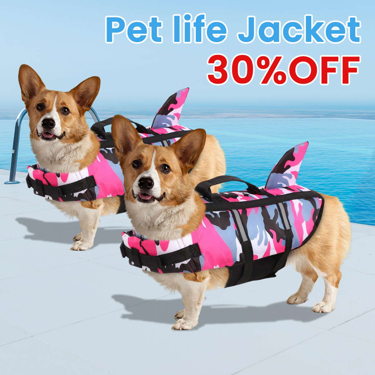 🔥Pet Dog Life Jacket Vest Clothes Life Vest Collar Harness Pet Dog Swimming Summer Swimwear Clothes Camouflage Shark Blue Fuchsia