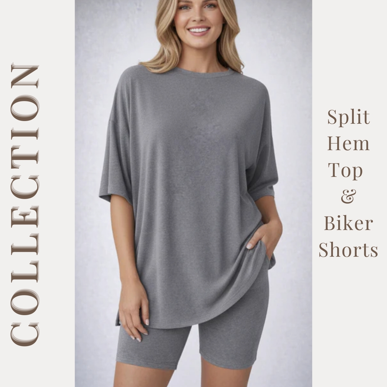 MACY’S Crewneck Lounge Set | Oversized Split Hem Top & Biker Shorts with Pocket