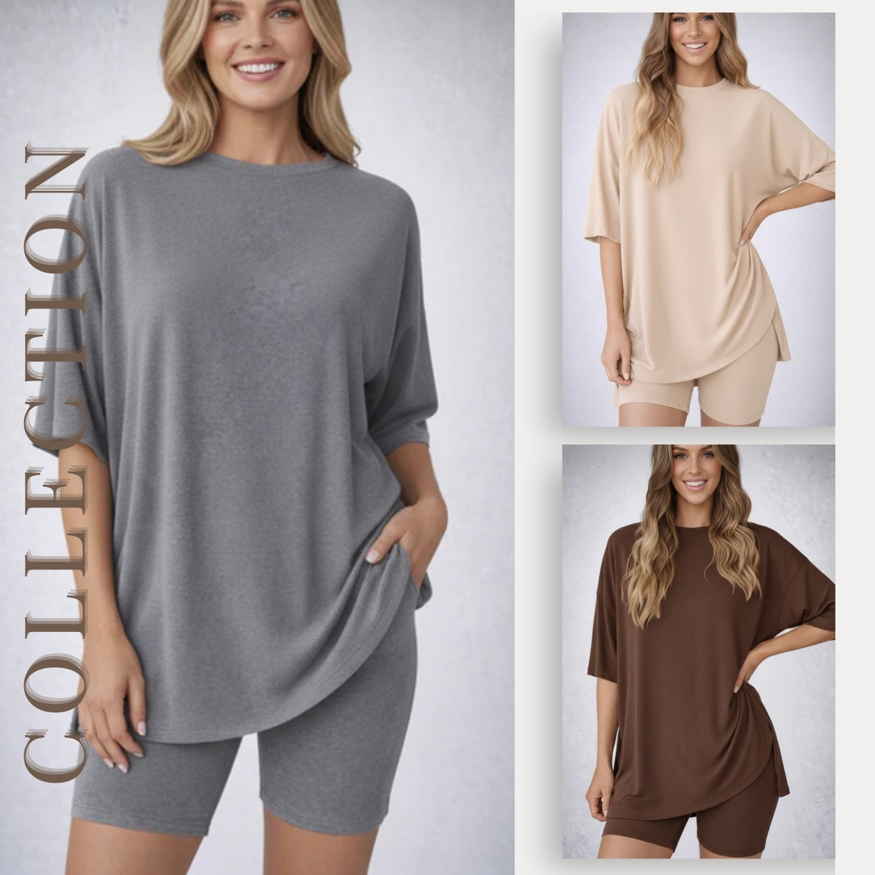 MACY’S Crewneck Lounge Set | Oversized Split Hem Top & Biker Shorts with Pocket