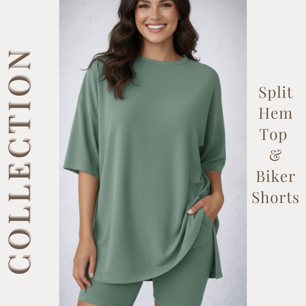MACY’S Crewneck Lounge Set | Oversized Split Hem Top & Biker Shorts with Pocket
