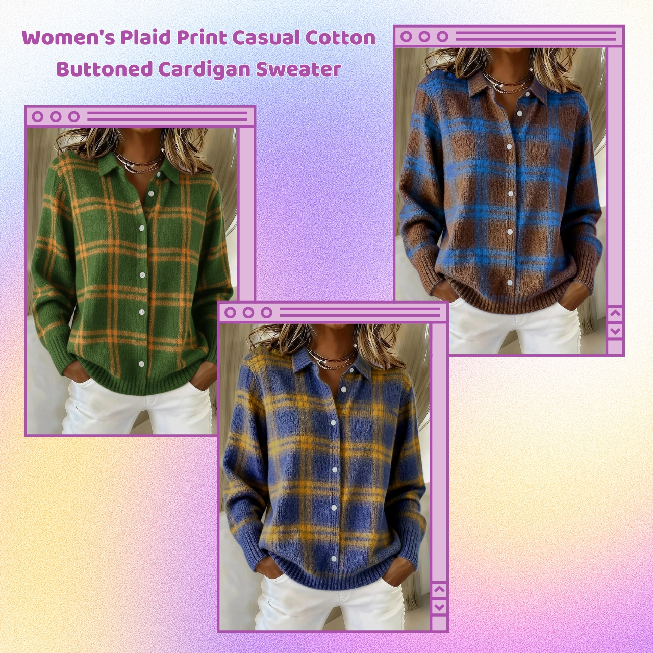 CLEARANCE SALE🔥 Women's Plaid Print Casual Cotton Buttoned Cardigan Sweater