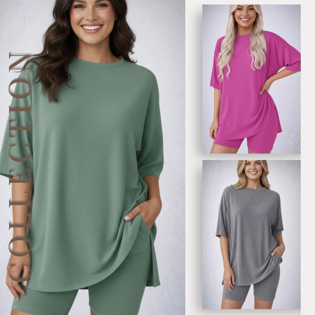 MACY’S Crewneck Lounge Set | Oversized Split Hem Top & Biker Shorts with Pocket
