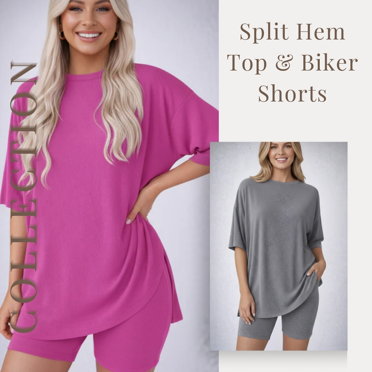 MACY’S Crewneck Lounge Set | Oversized Split Hem Top & Biker Shorts with Pocket