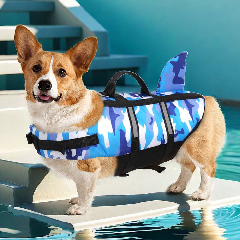 🔥Pet Dog Life Jacket Vest Clothes Life Vest Collar Harness Pet Dog Swimming Summer Swimwear Clothes Camouflage Shark Blue Fuchsia