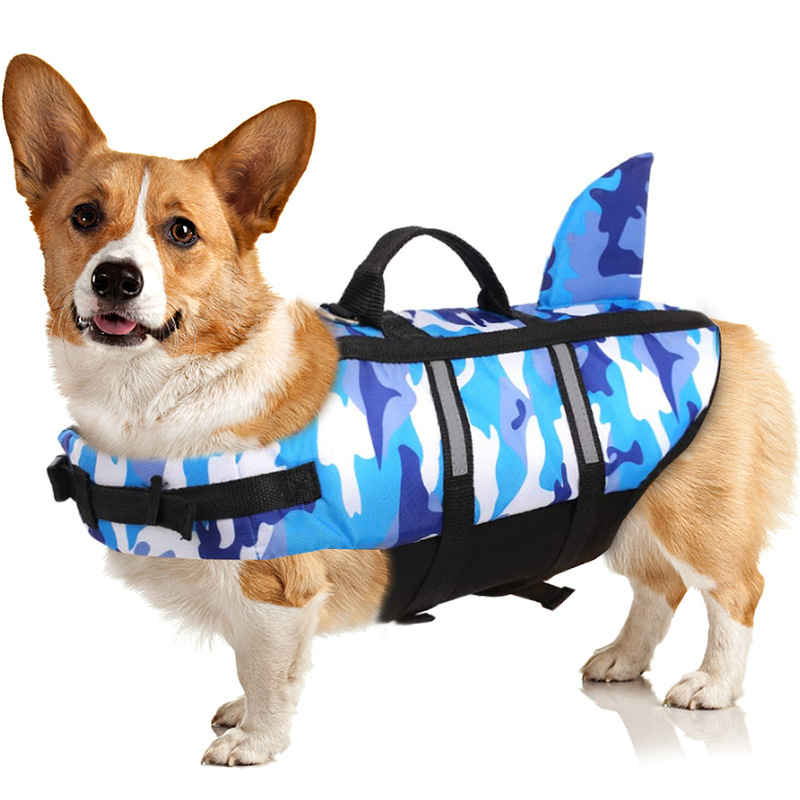 🔥Pet Dog Life Jacket Vest Clothes Life Vest Collar Harness Pet Dog Swimming Summer Swimwear Clothes Camouflage Shark Blue Fuchsia