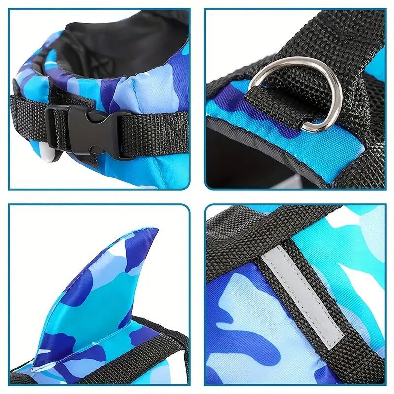 🔥Pet Dog Life Jacket Vest Clothes Life Vest Collar Harness Pet Dog Swimming Summer Swimwear Clothes Camouflage Shark Blue Fuchsia