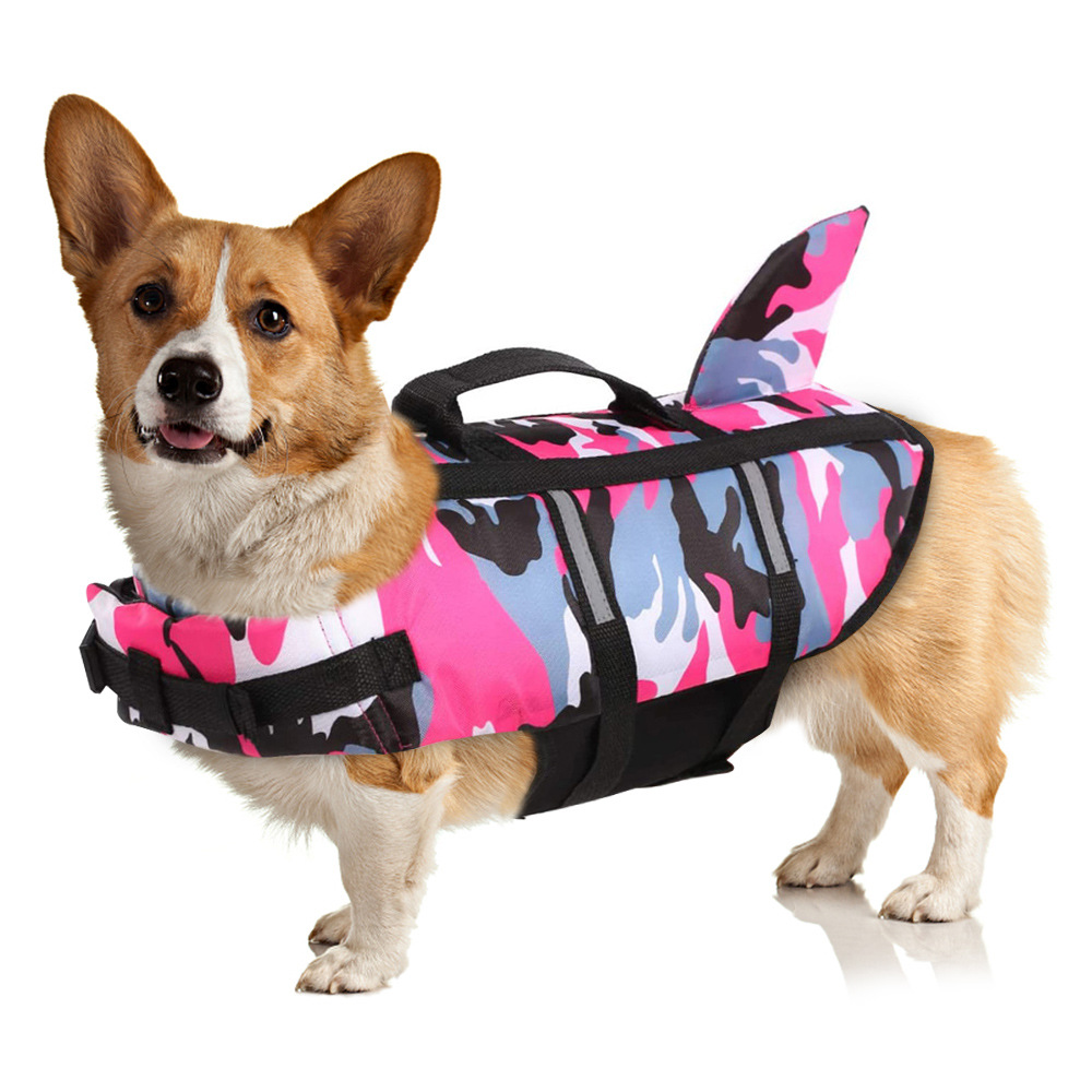 🔥Pet Dog Life Jacket Vest Clothes Life Vest Collar Harness Pet Dog Swimming Summer Swimwear Clothes Camouflage Shark Blue Fuchsia