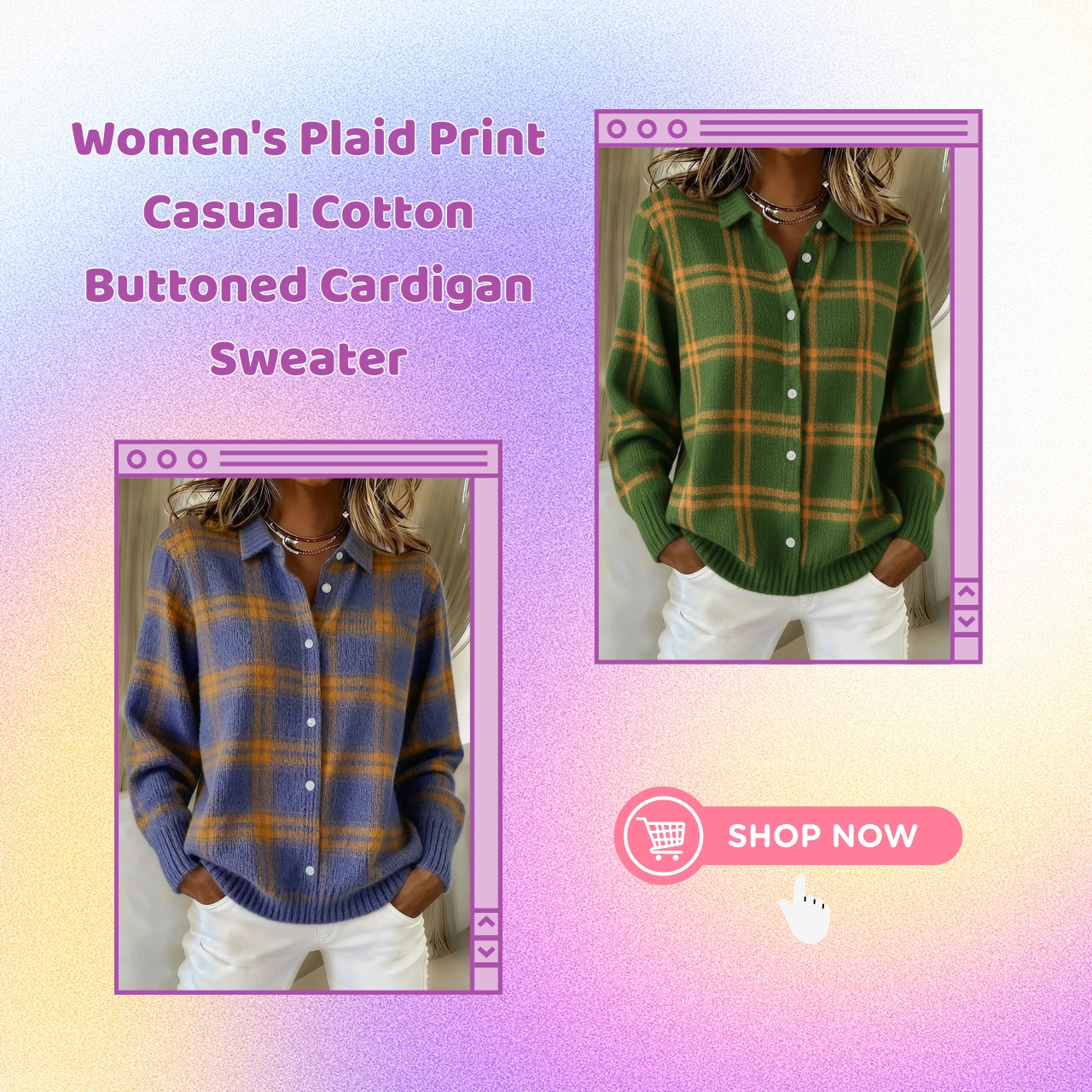 CLEARANCE SALE🔥 Women's Plaid Print Casual Cotton Buttoned Cardigan Sweater