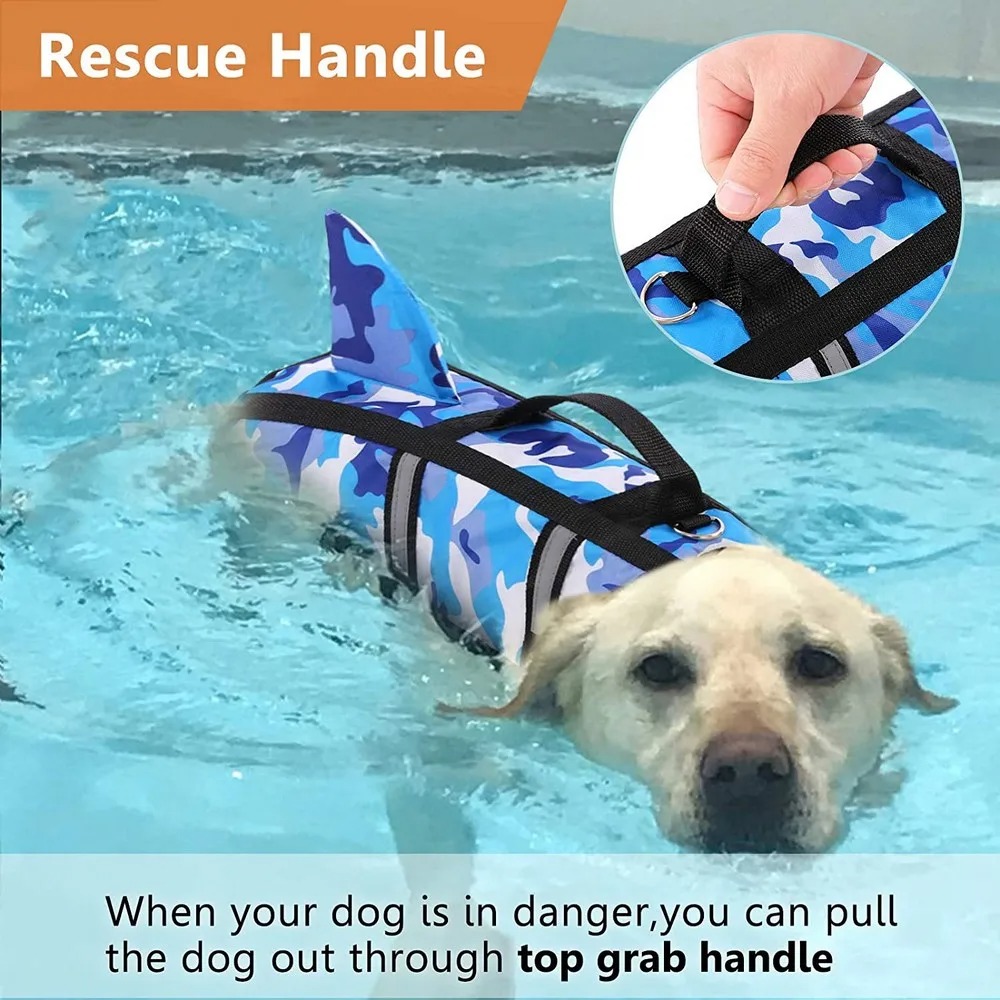 🔥Pet Dog Life Jacket Vest Clothes Life Vest Collar Harness Pet Dog Swimming Summer Swimwear Clothes Camouflage Shark Blue Fuchsia