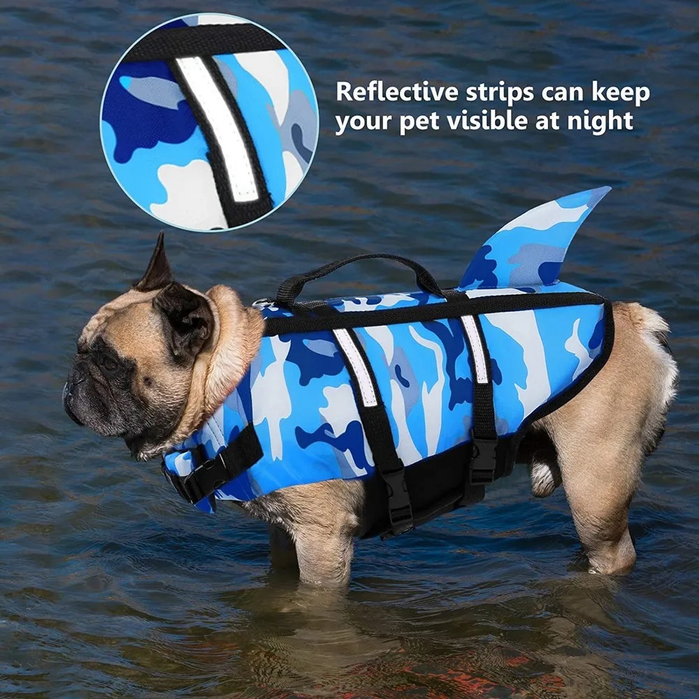 🔥Pet Dog Life Jacket Vest Clothes Life Vest Collar Harness Pet Dog Swimming Summer Swimwear Clothes Camouflage Shark Blue Fuchsia