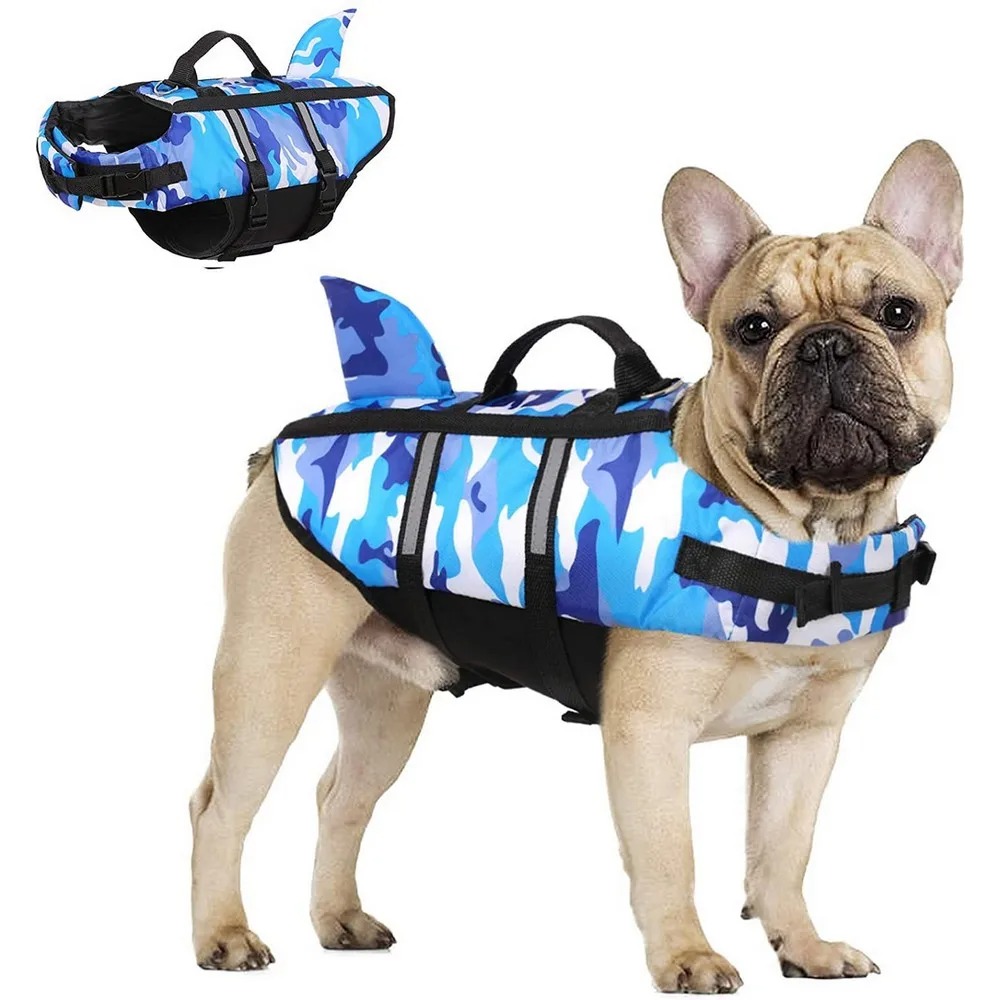 🔥Pet Dog Life Jacket Vest Clothes Life Vest Collar Harness Pet Dog Swimming Summer Swimwear Clothes Camouflage Shark Blue Fuchsia